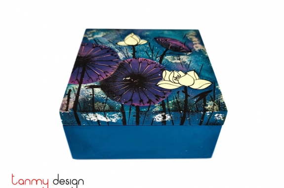 Blue square box 16 cm hand-painted with lotus
